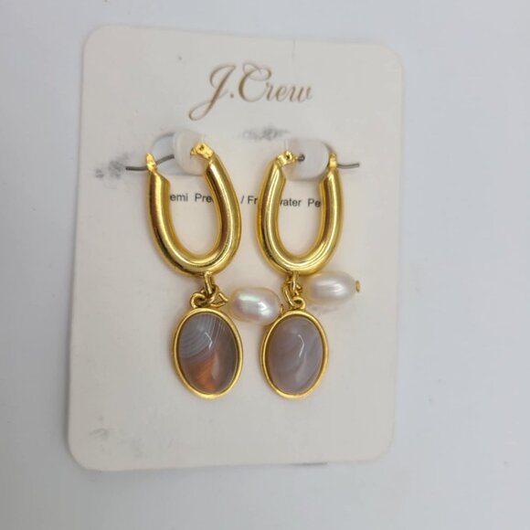 J Crew Agate & Freshwater Pearl Drop Earrings NWT! NEW! - Picture 3 of 5
